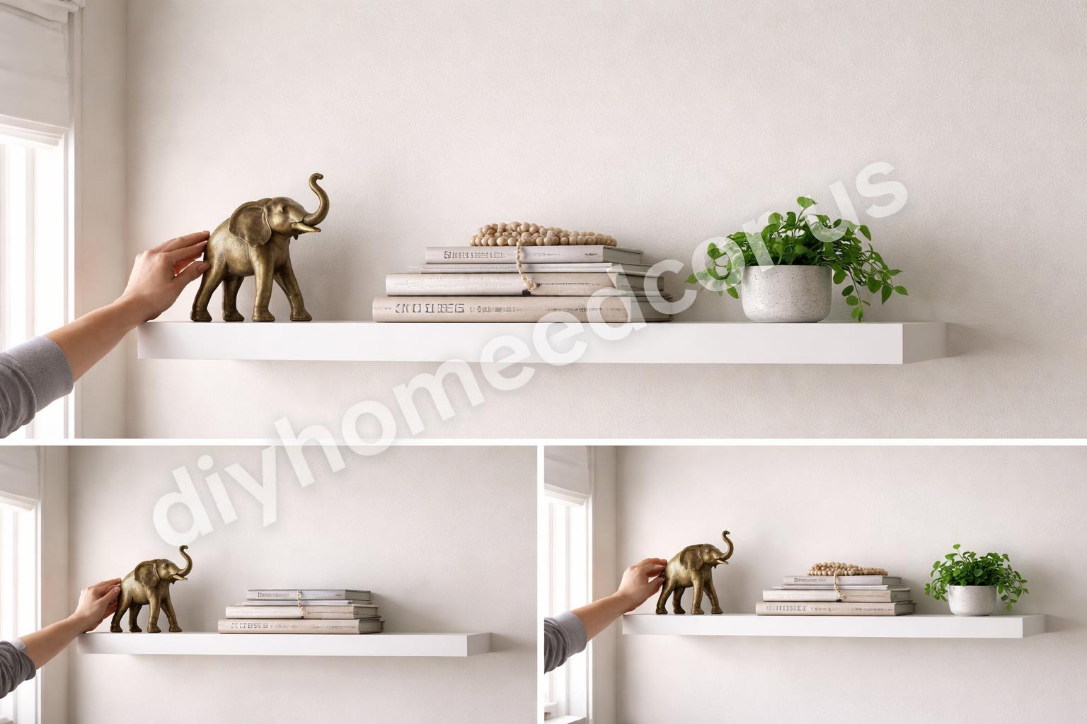 Animal statue on floating shelf arrangement