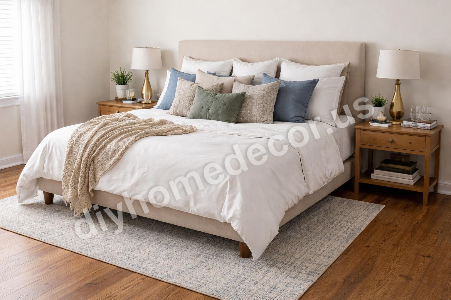Bedroom decor mistakes small rug and too many pillows