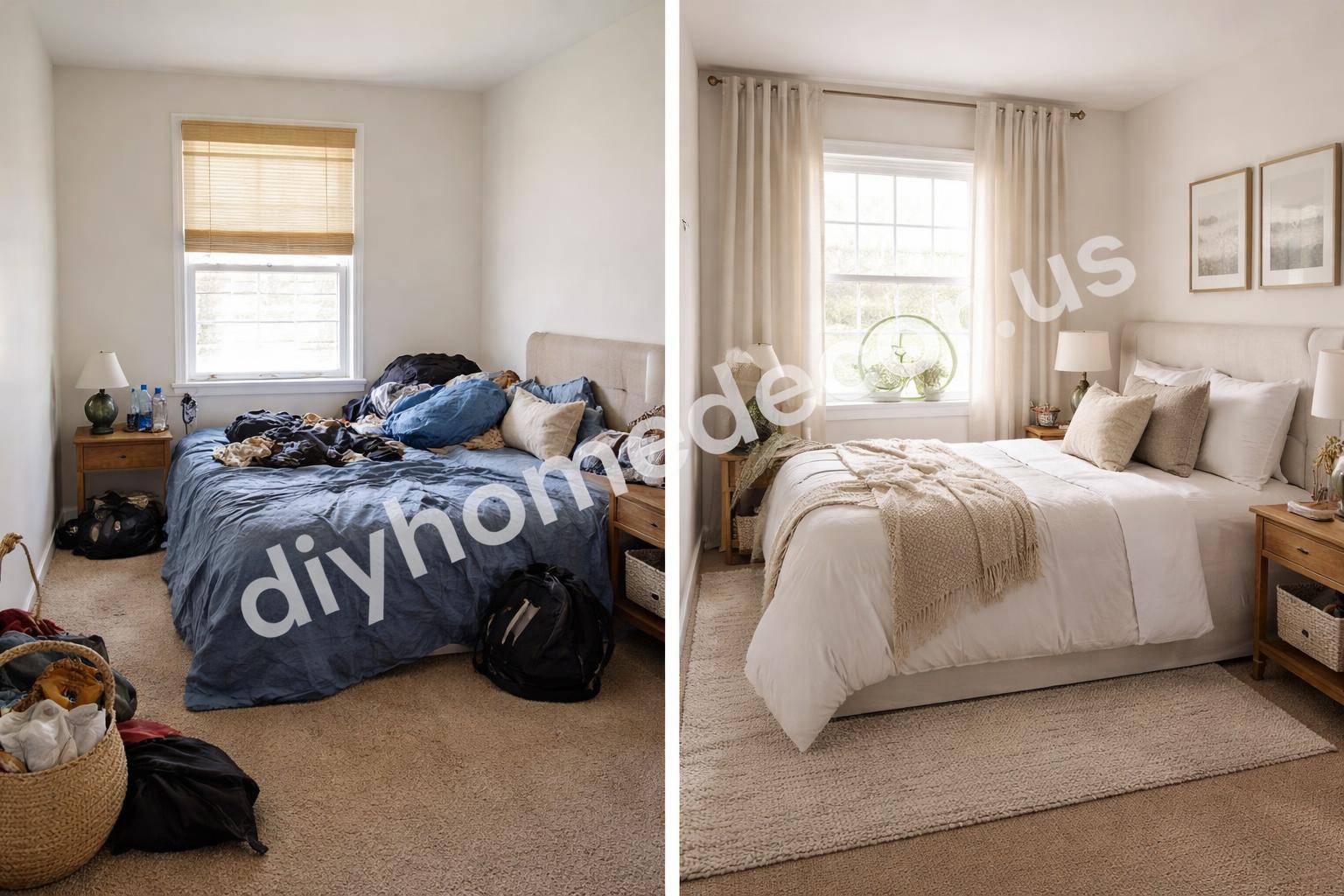 Before and after edited bedroom styling comparison