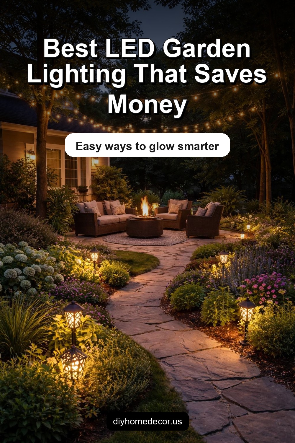 Pinterest image for Best LED Garden Lighting Décor to Save Energy and Money
