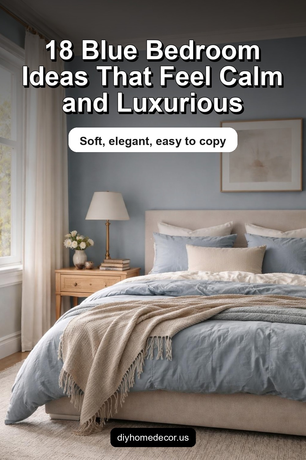 Pinterest image for 18 Blue Bedroom Décor Ideas That Feel Calm and Luxurious