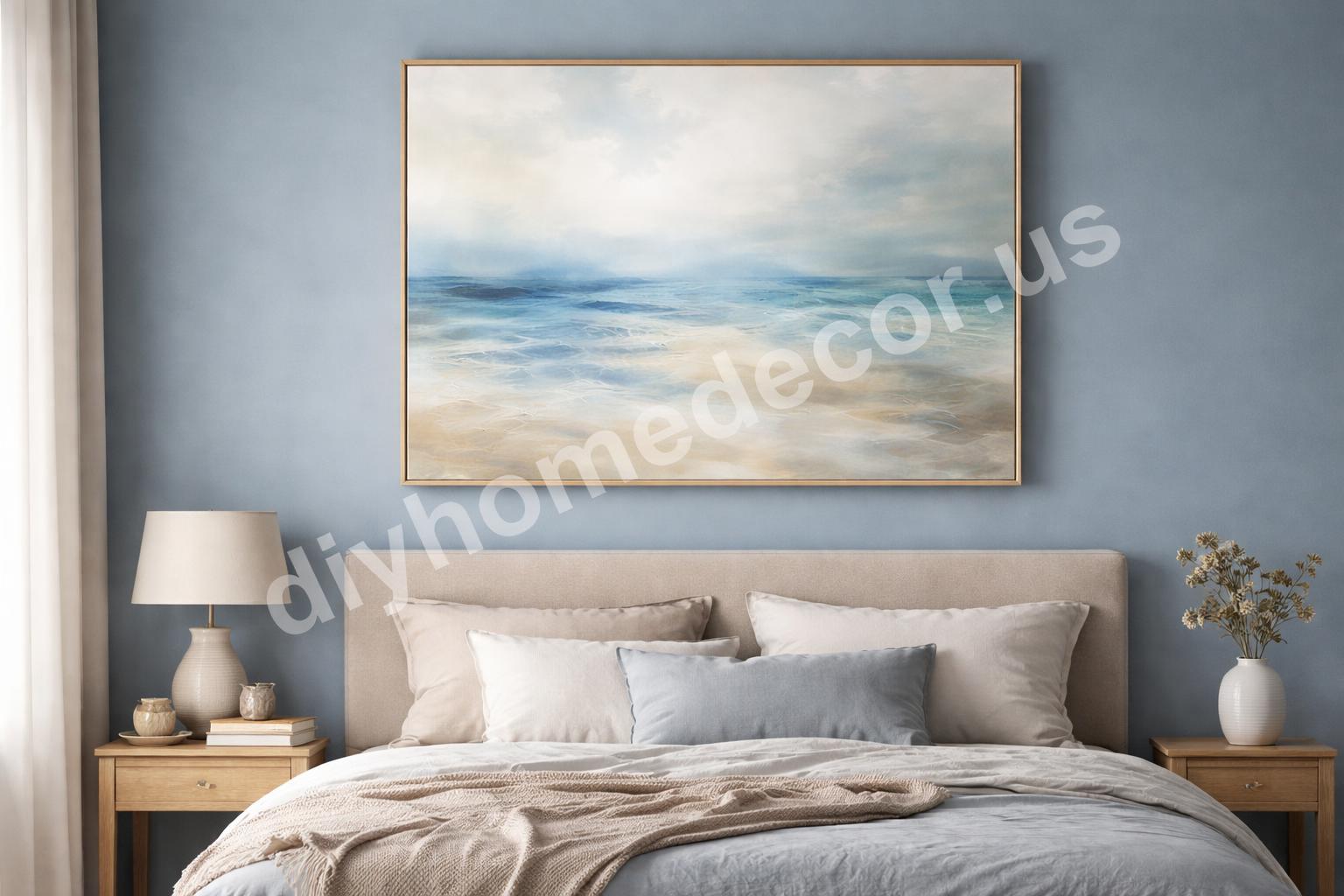 Blue bedroom wall art and paint combination