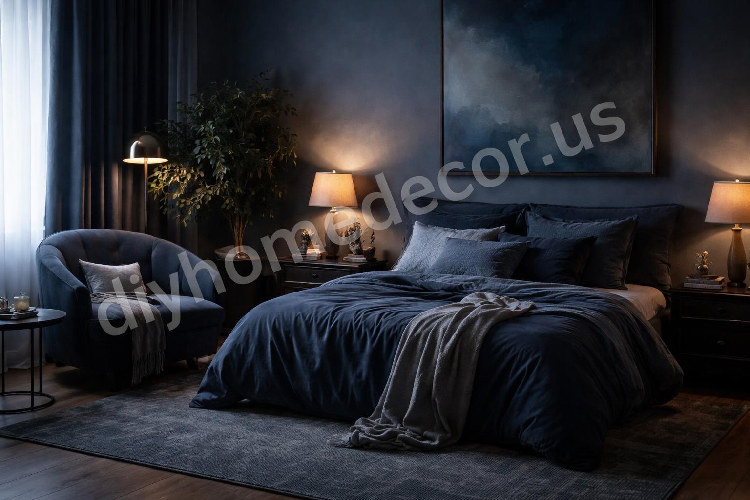 Blue bedroom with statement chair and moody lighting