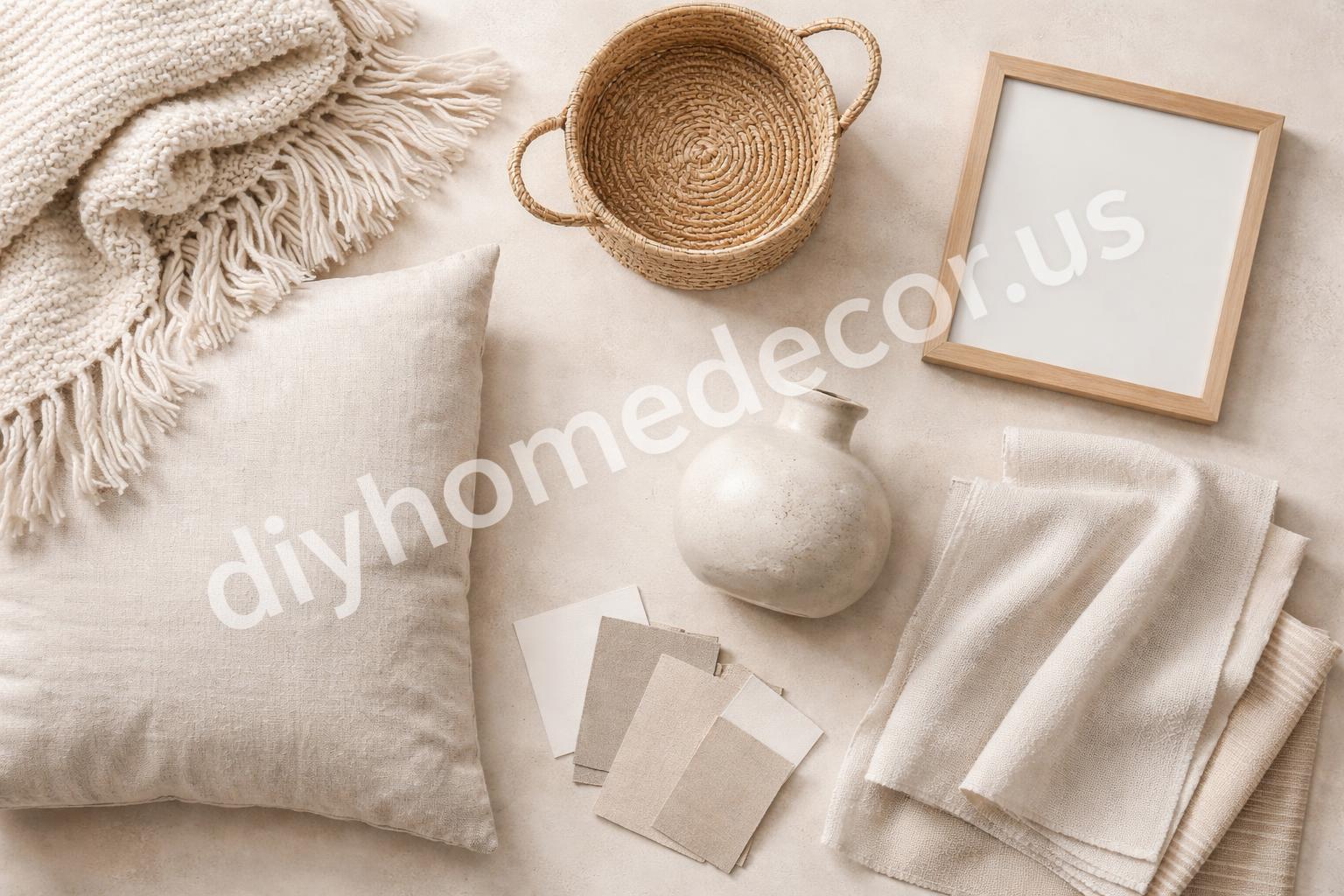 Budget bedroom upgrades flat lay with textures