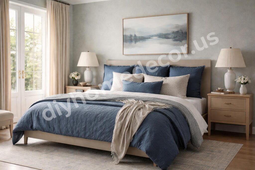 Calm blue bedroom with luxury layers