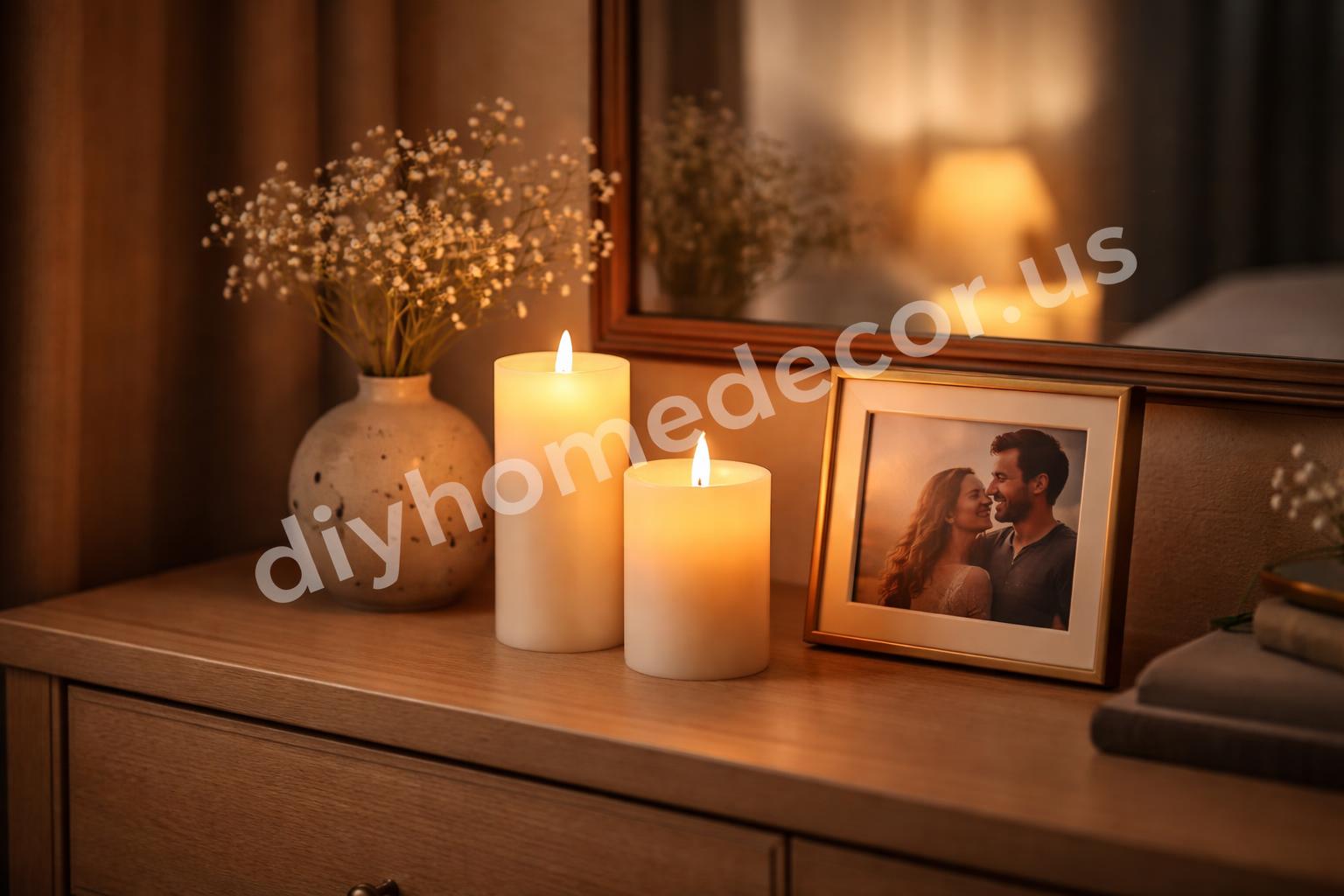 Candle style led lights on bedroom dresser