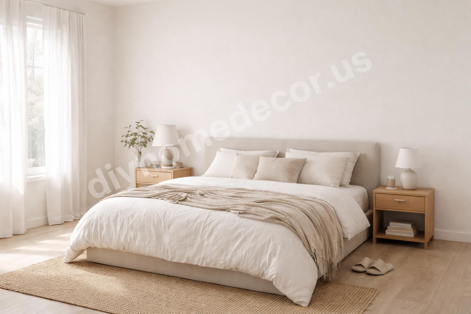 Clean minimal small bedroom with open floor space