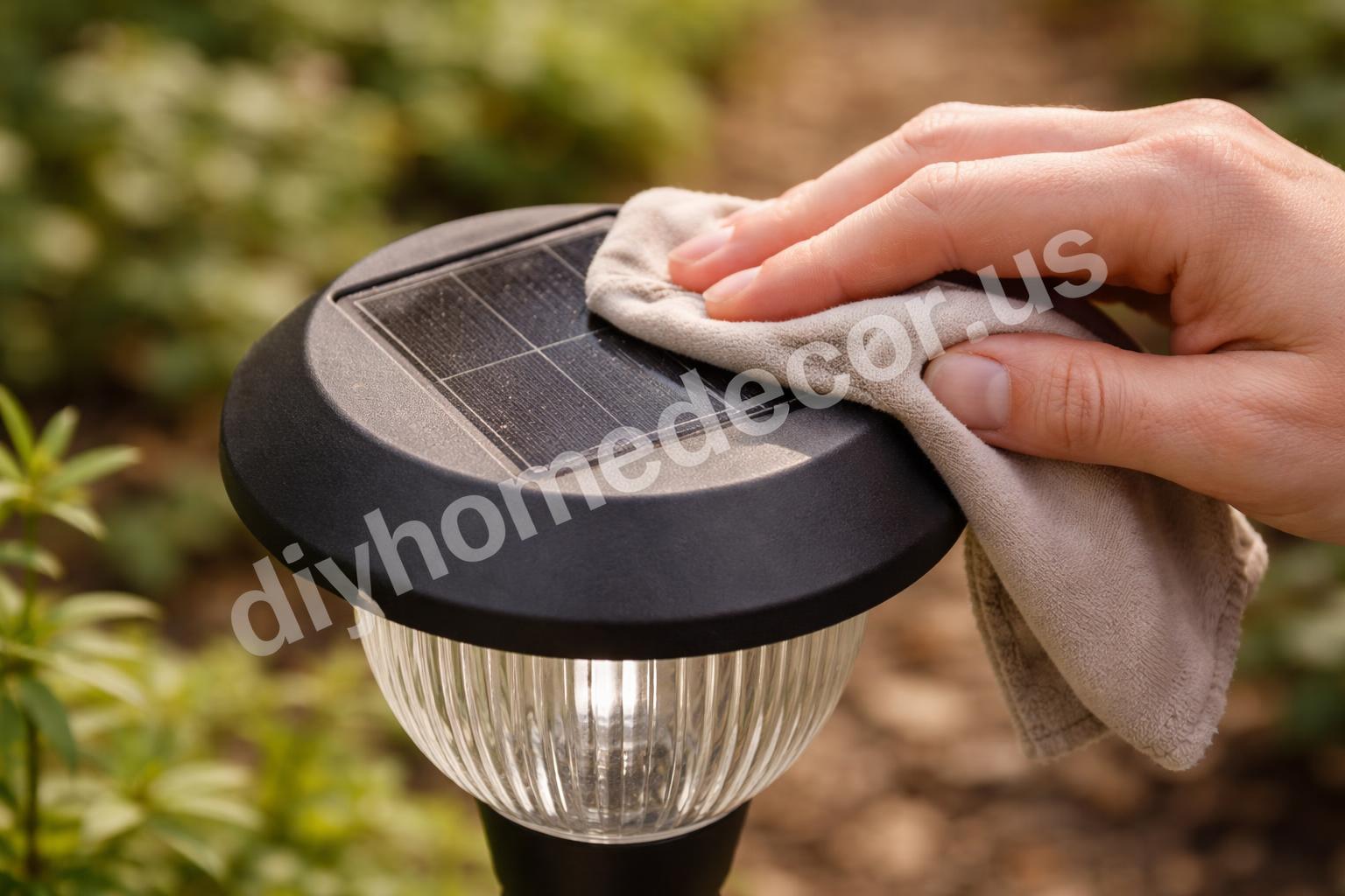 Cleaning solar panel on garden light with soft cloth