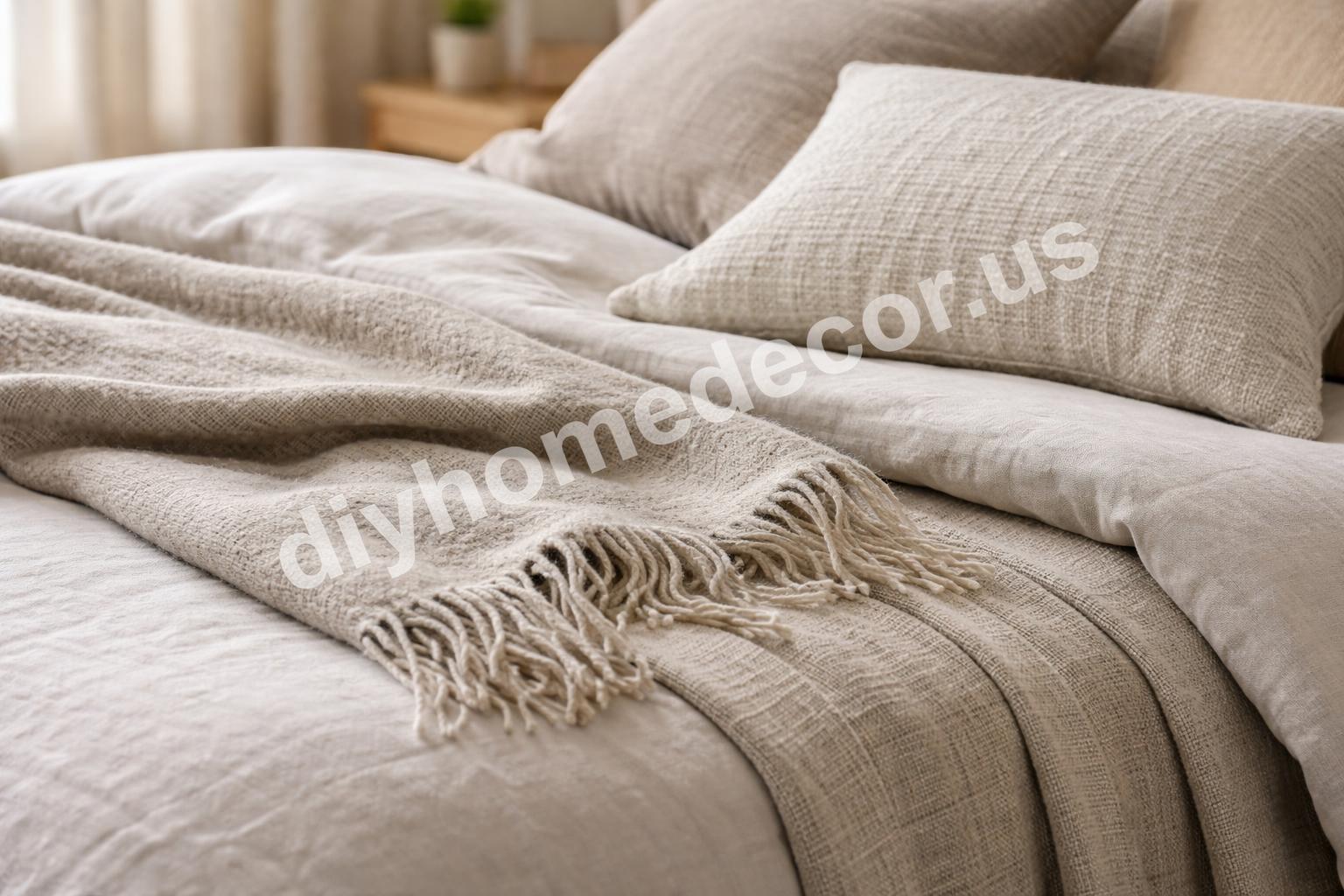 Close up of linen wool and cotton bedroom textures