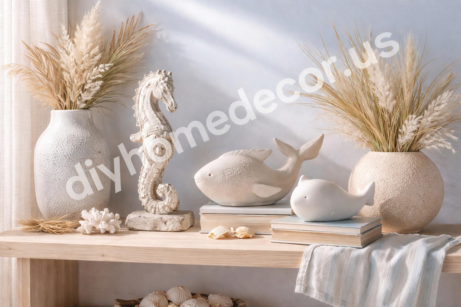 Coastal animal statue shelf styling