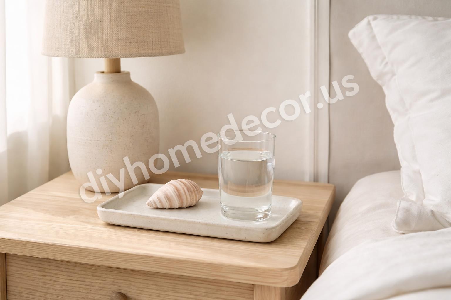 Coastal bedroom nightstand with seashell and ceramic decor