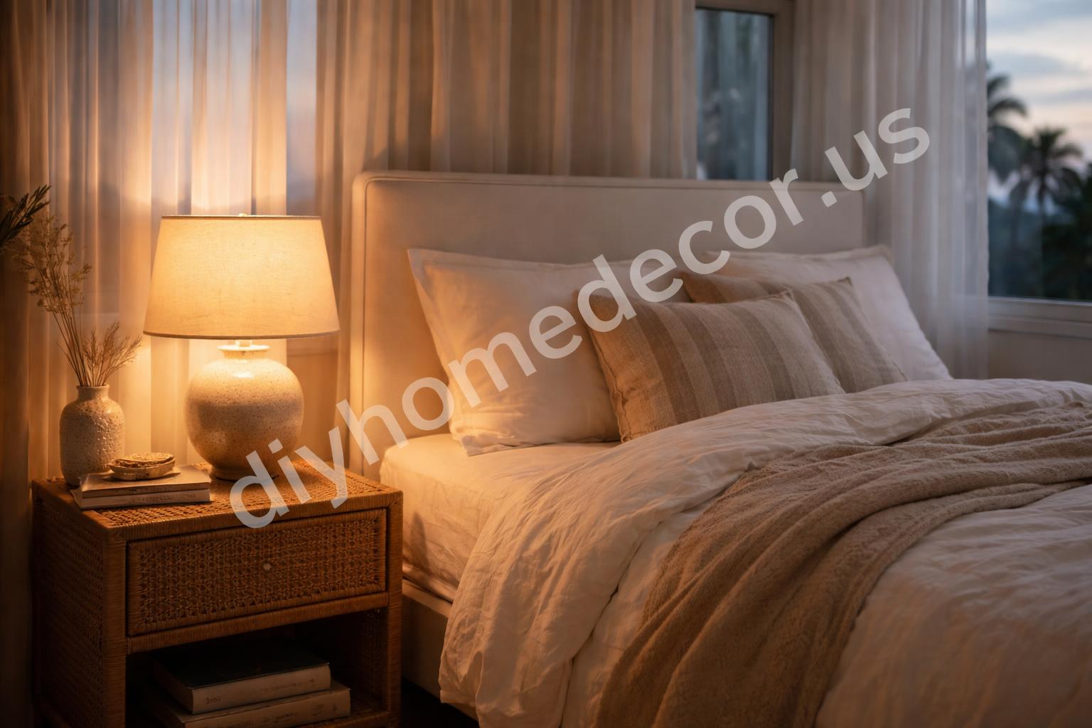 Coastal bedroom soft lighting with ceramic lamp