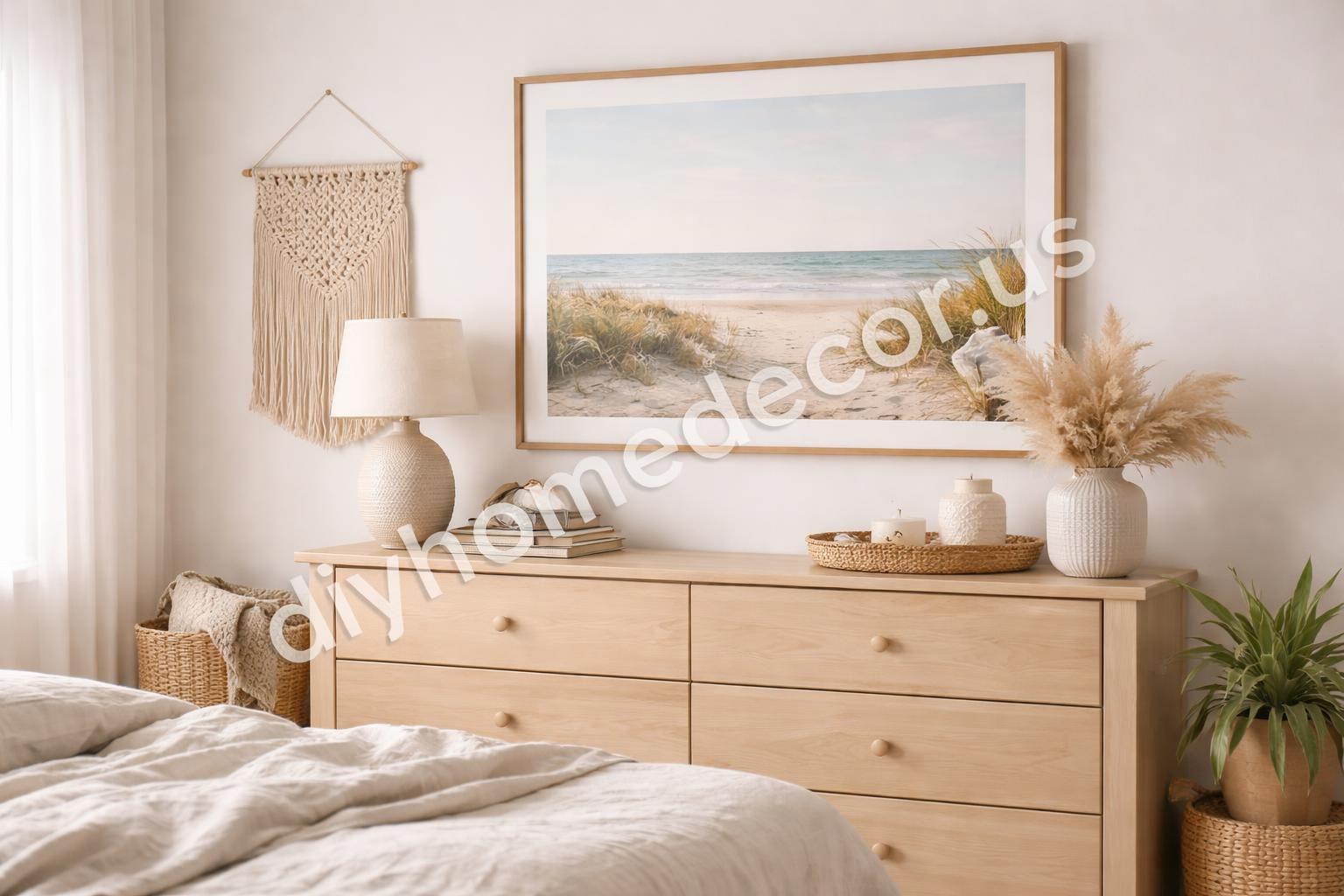 Coastal bedroom wall art and natural textures