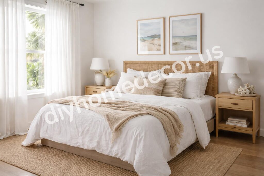 Coastal bedroom with soft neutrals and linen bedding
