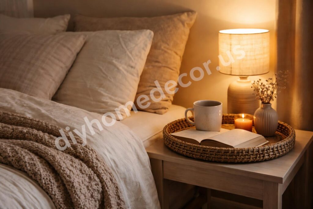 Cozy bedroom nightstand lamp and soft bedding