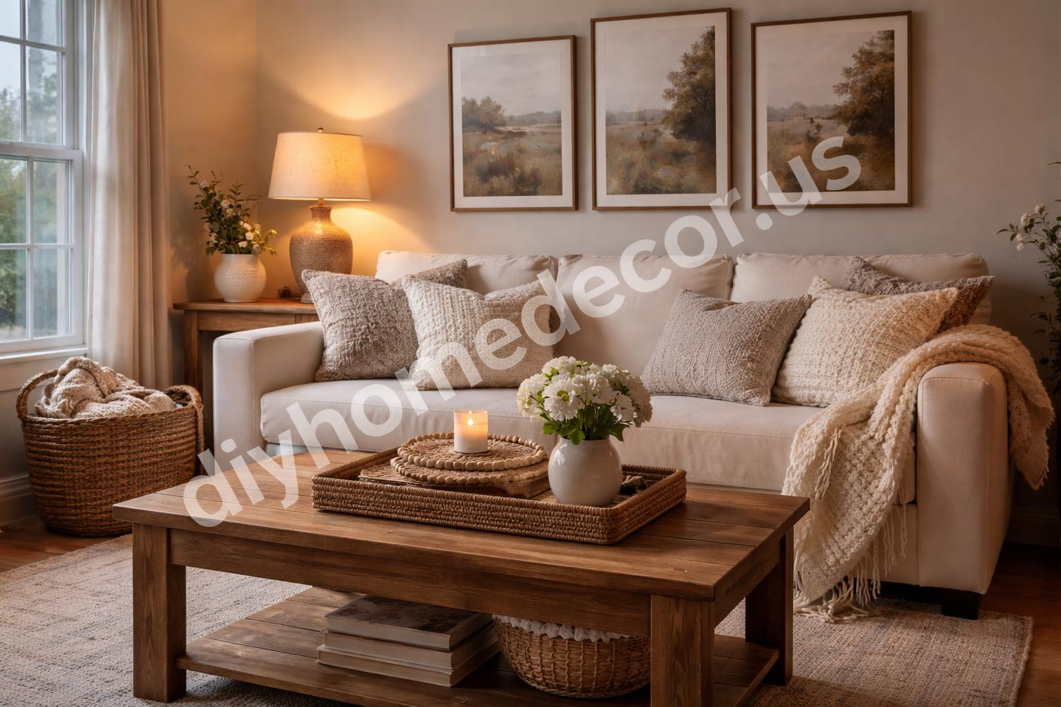 Cozy farmhouse living room with layered decor
