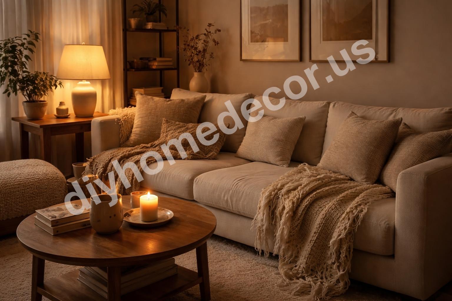 Cozy neutral living room evening lifestyle