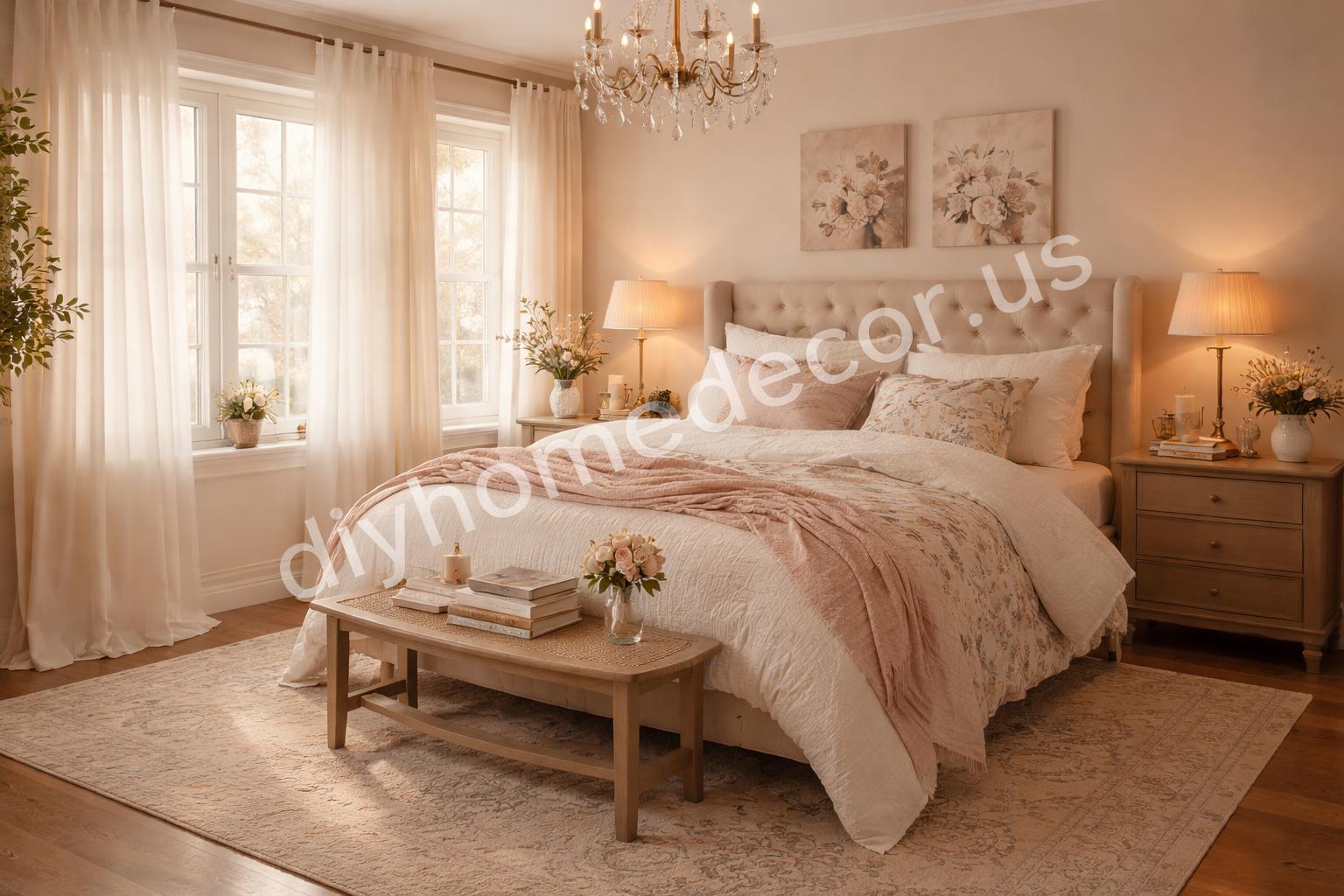 Cozy romantic bedroom final styled view