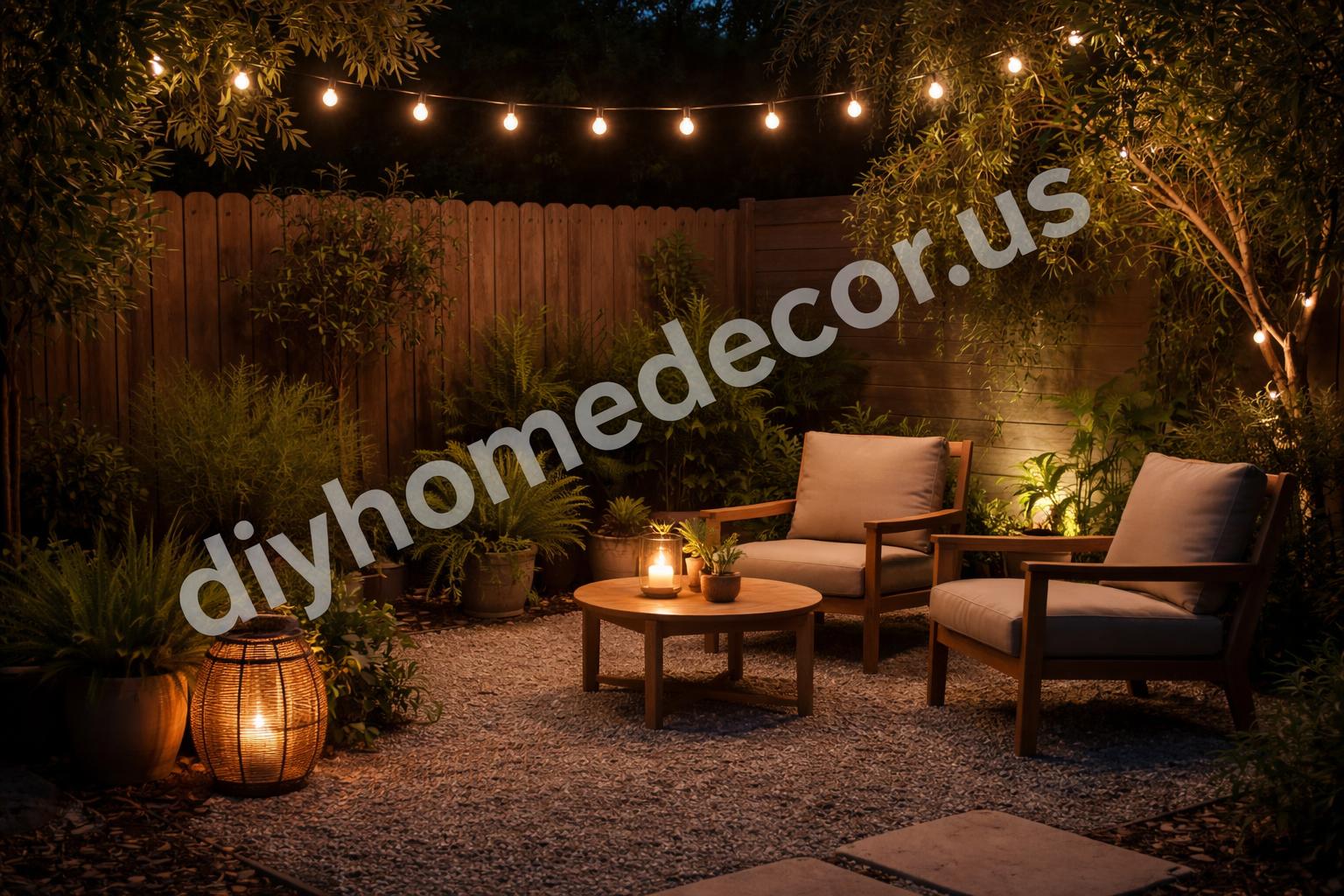 Cozy small backyard night lighting