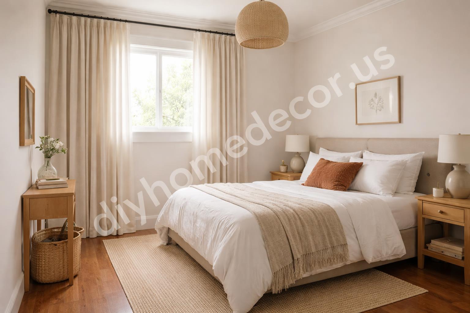 Curtains hung high to make ceiling look taller