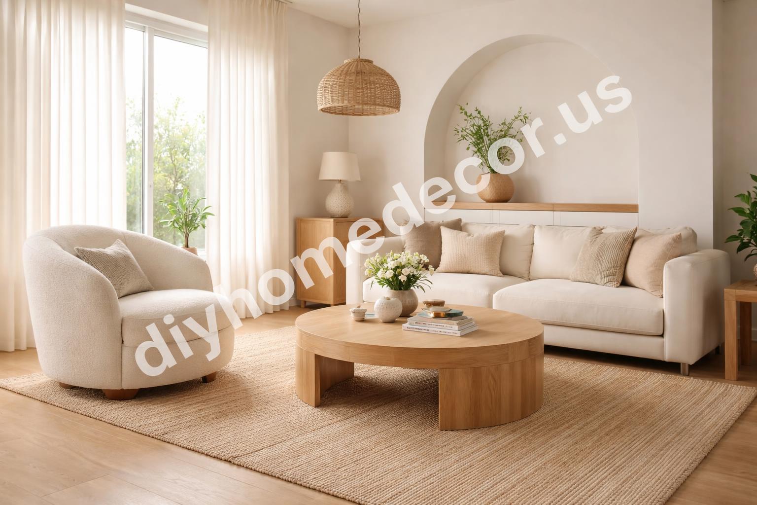 Curved neutral furniture in soft living room
