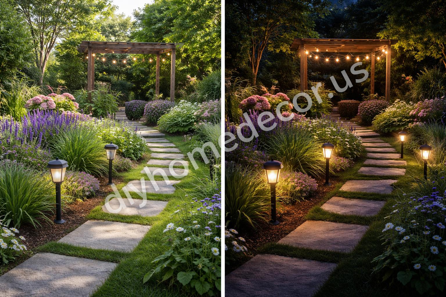 Day and night view of solar lights in backyard garden