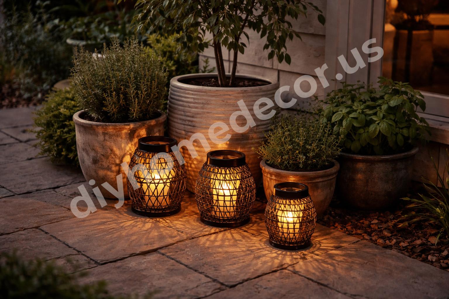 Decorative solar lanterns by backyard planters