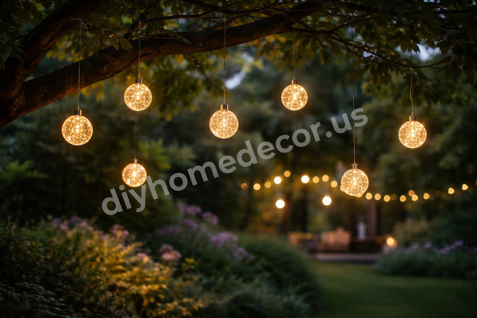 Decorative solar orb lights hanging in garden trees