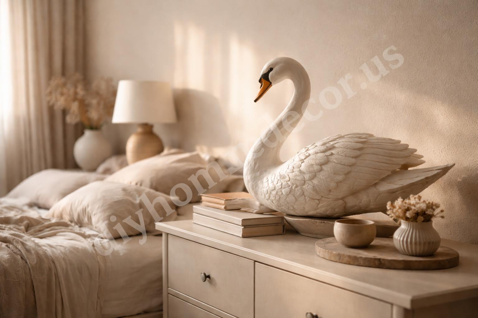 Decorative swan statue in soft bedroom light