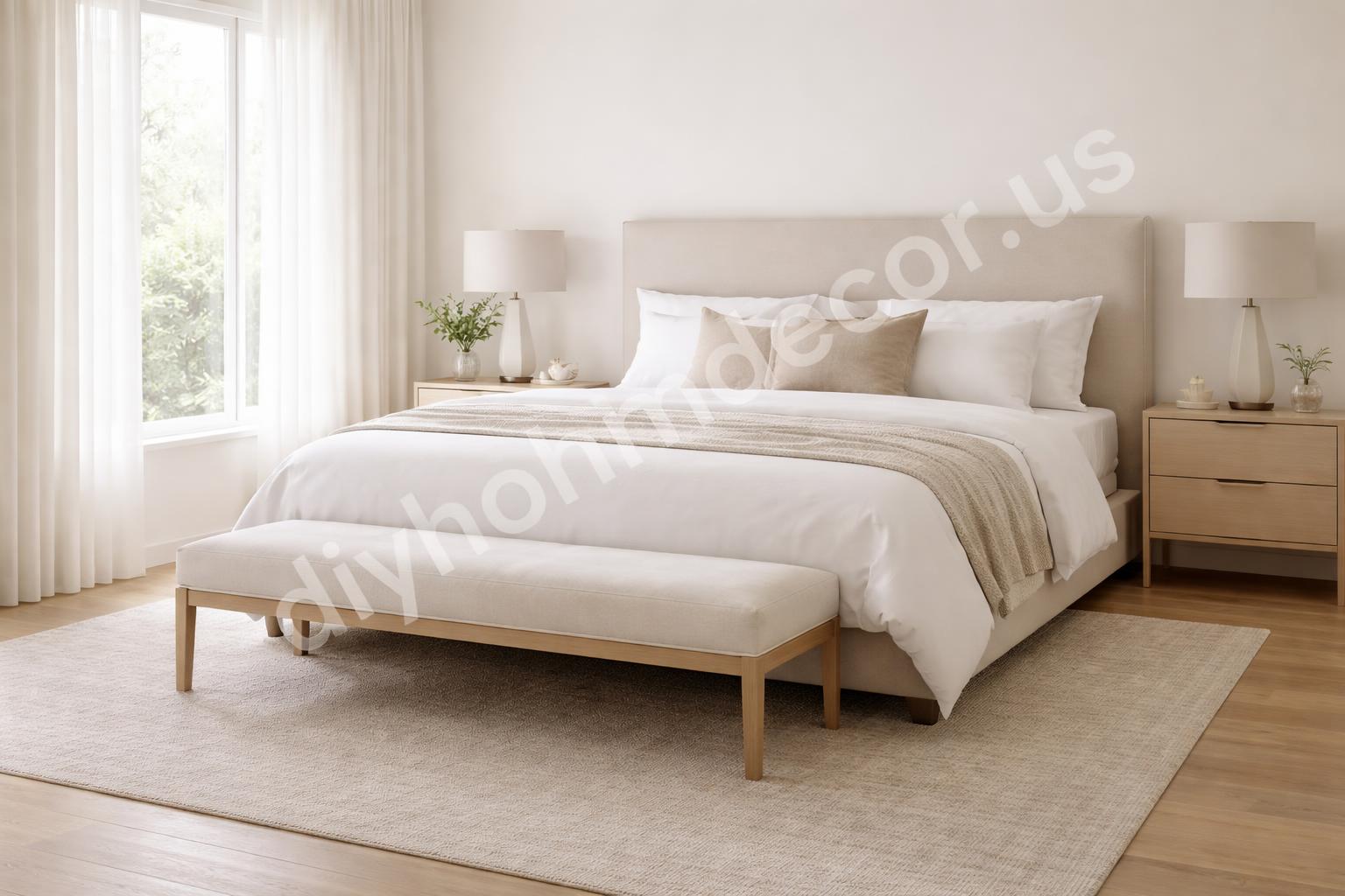 Elegant bedroom bench at foot of bed with neutral decor