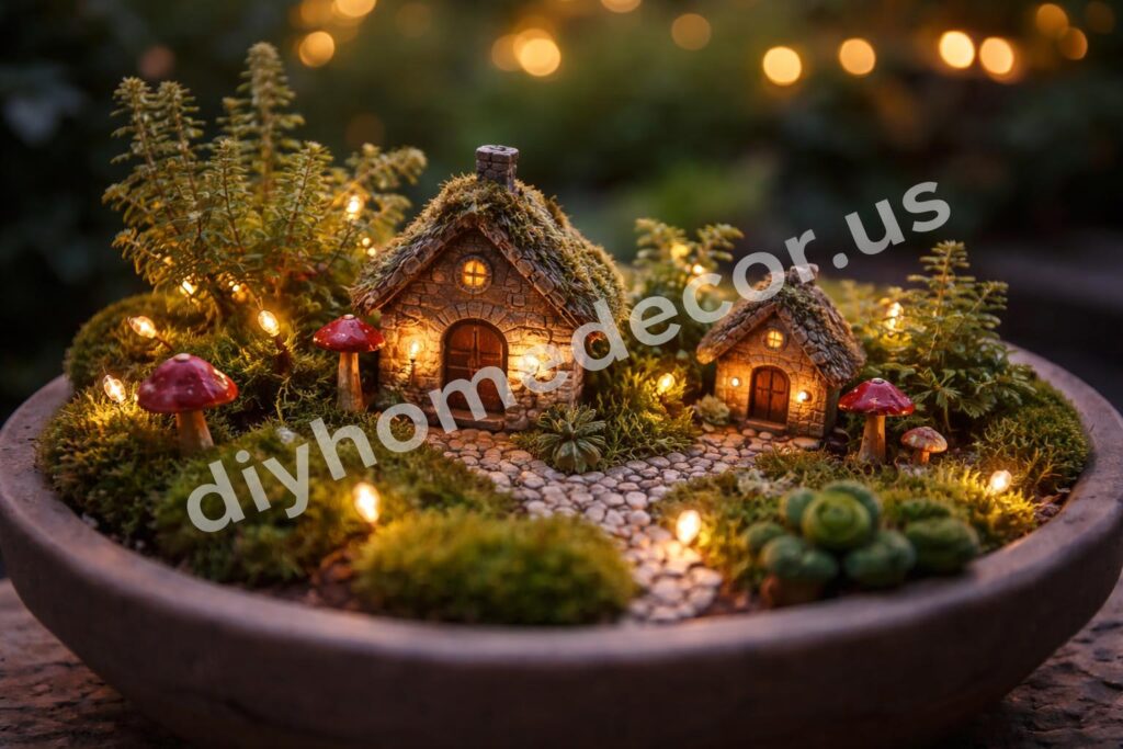Fairy garden evening lights with moss and mini houses