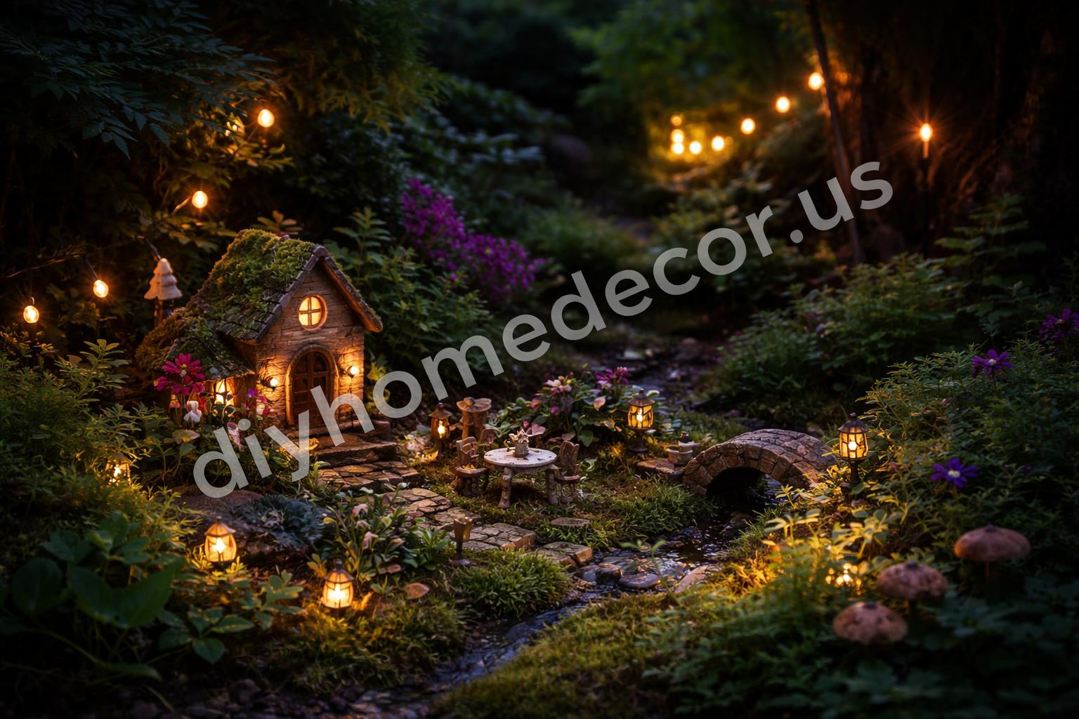Fairy garden with one darker corner and soft lit details