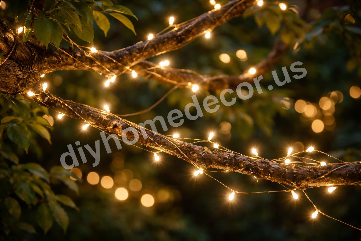 Fairy lights wrapped around garden branches