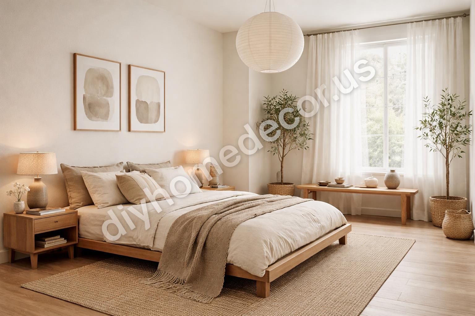 Finished japandi bedroom with soft light and natural textures