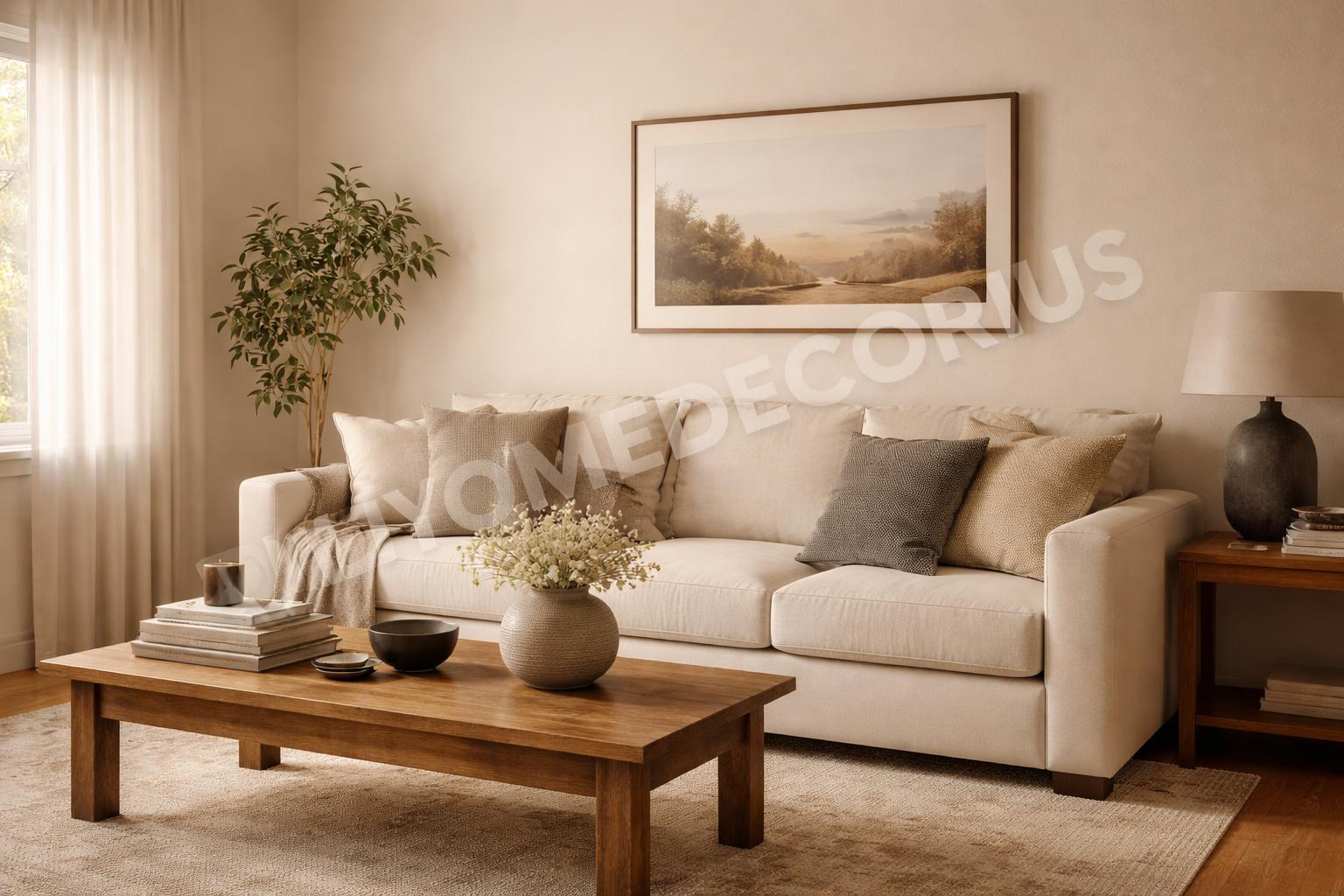 Finished neutral living room with balanced accessories