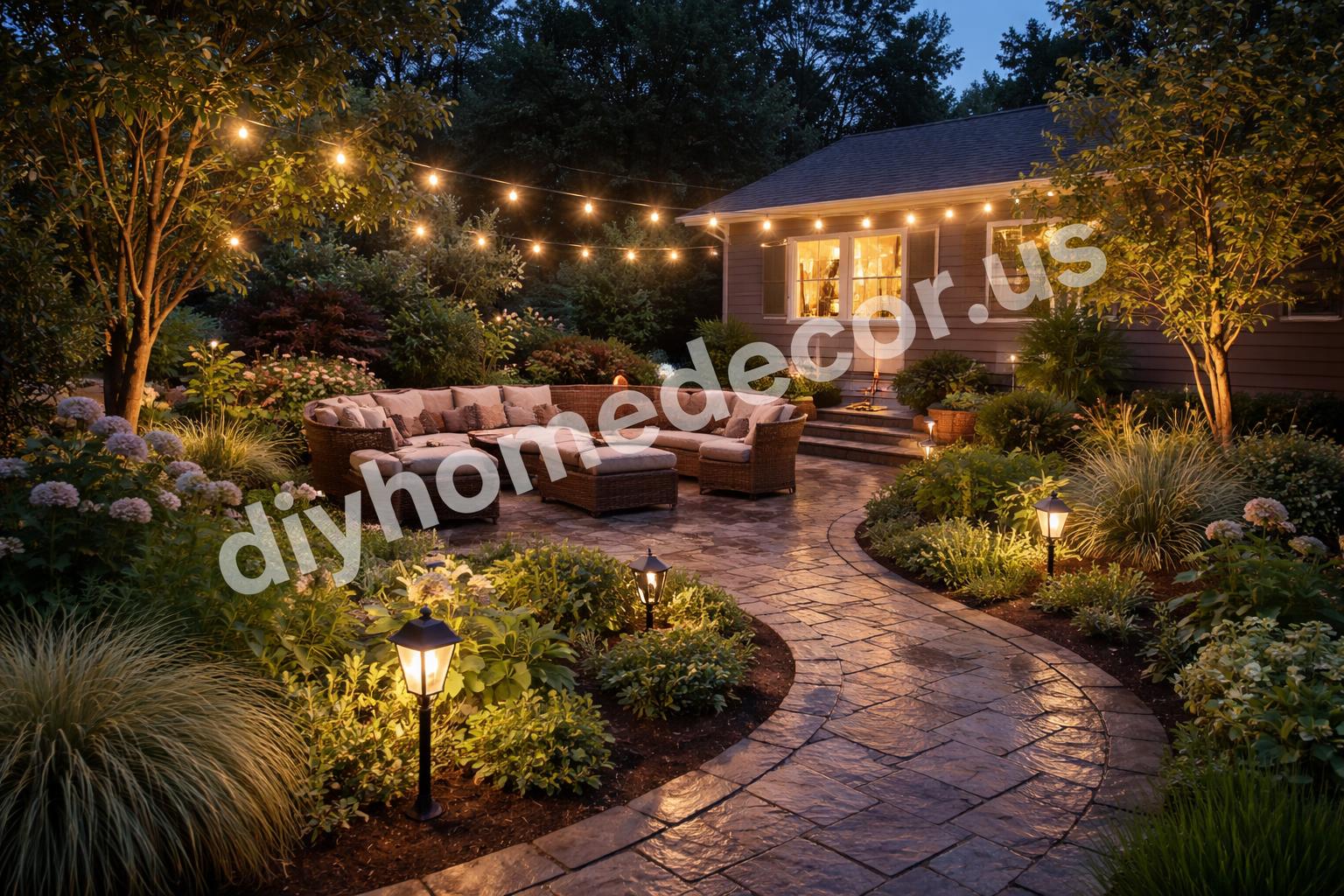 Finished waterproof garden lights around cozy backyard