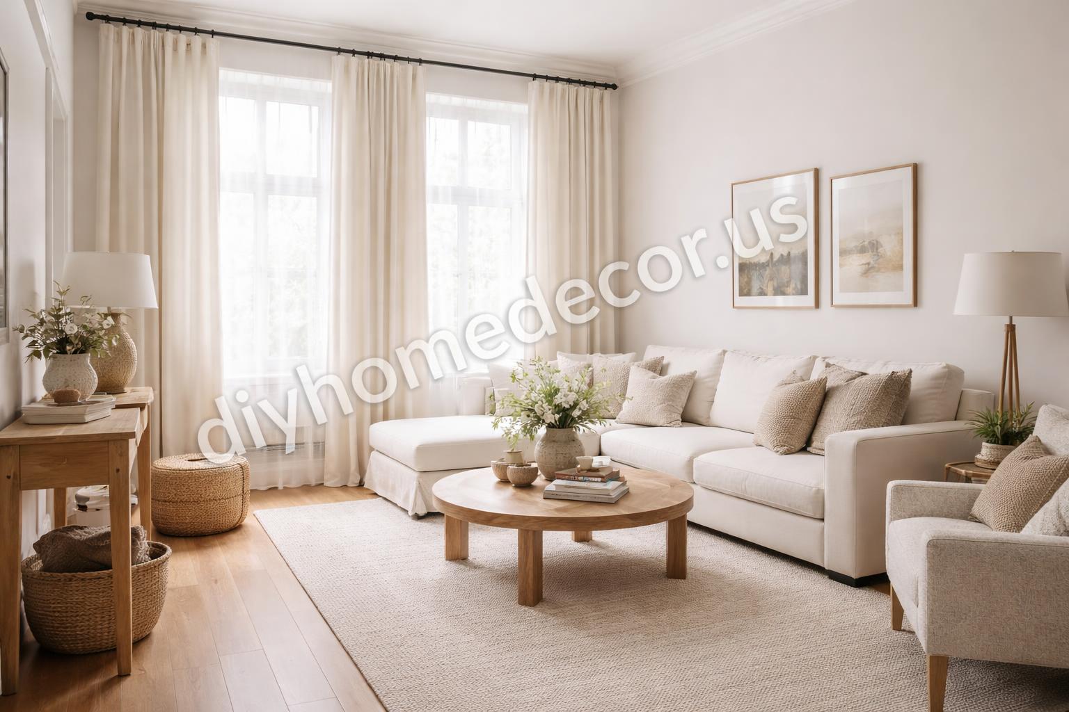 Floor length curtains hung high in cozy living room