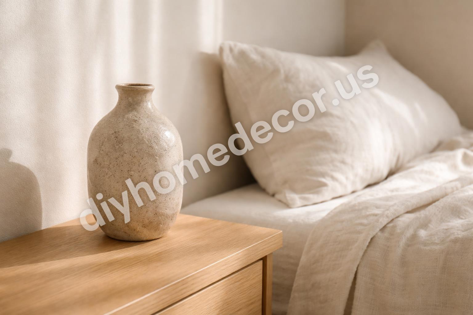 Handmade ceramic vase on minimal wood nightstand