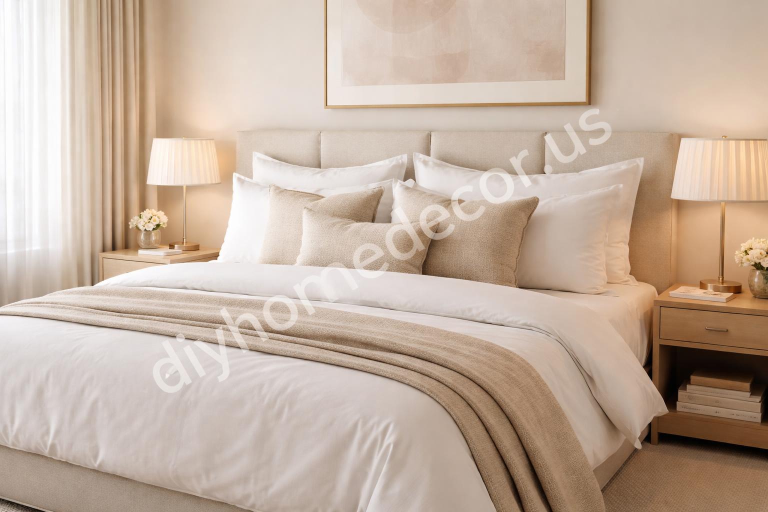 Hotel style bed with oversized pillows and neutral layers