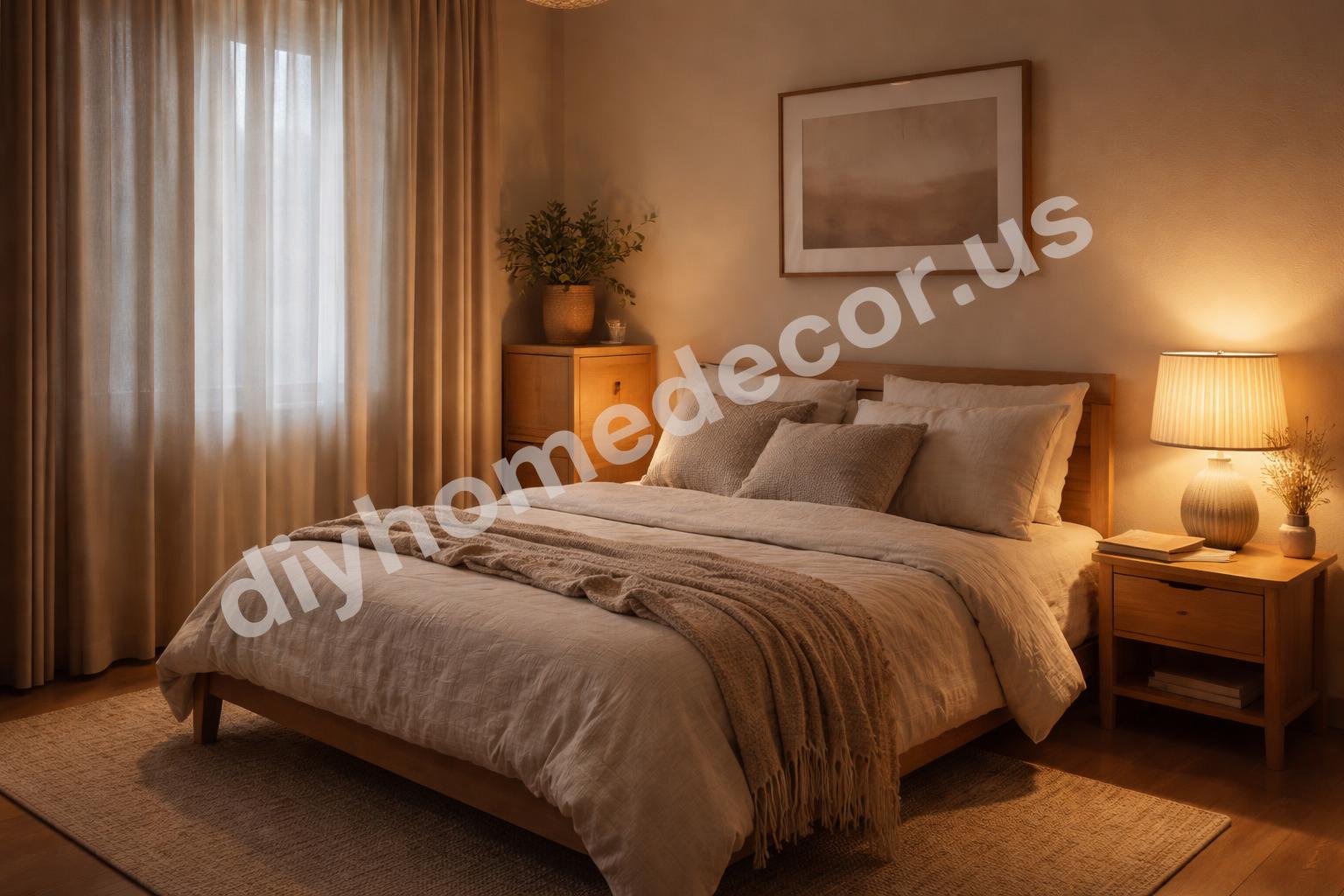 Japandi bedroom styled for evening routine and calm
