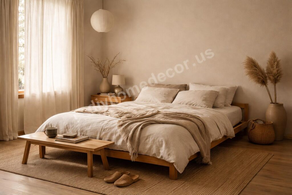 Japandi bedroom with warm wood and linen bed