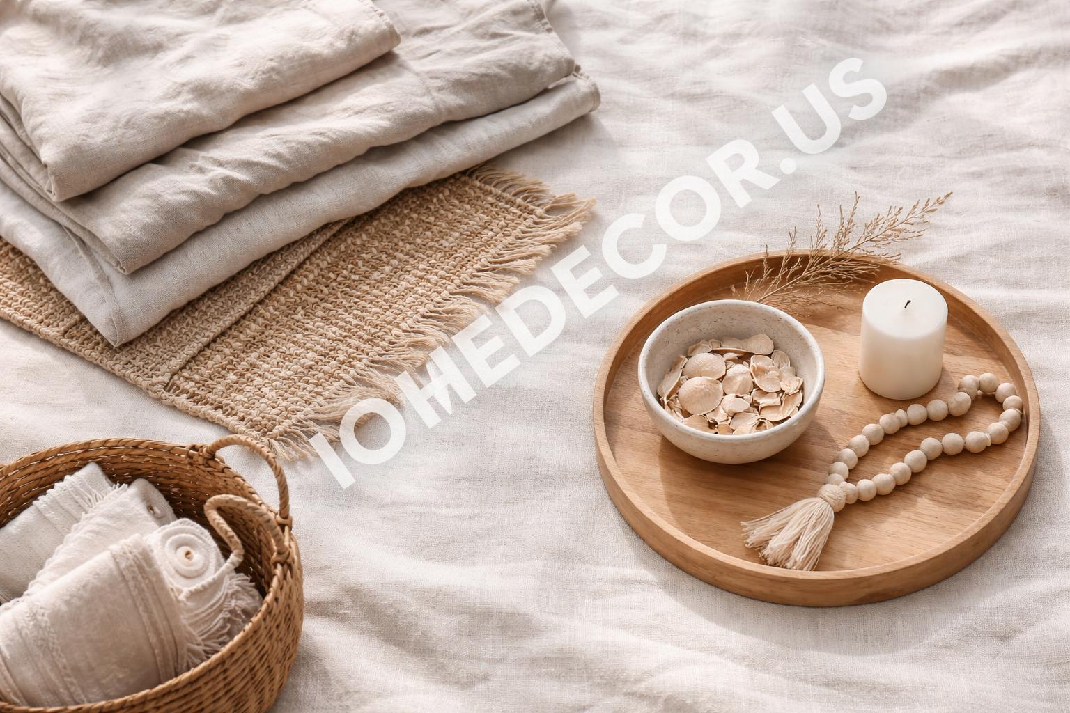 Layered bedroom textures with linen jute and wood