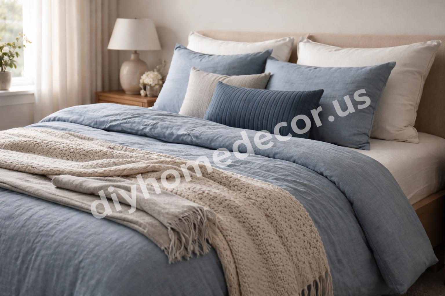 Layered blue bedding with throw and pillow stack