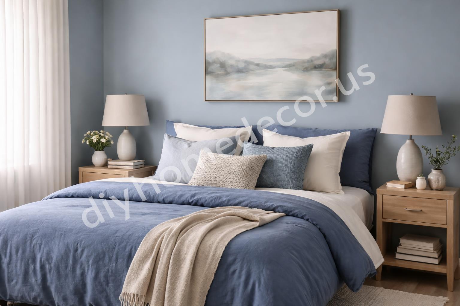 Layered blue shades on bed and walls