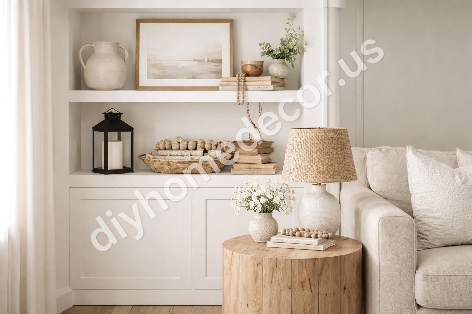 Layered farmhouse living room shelves and table
