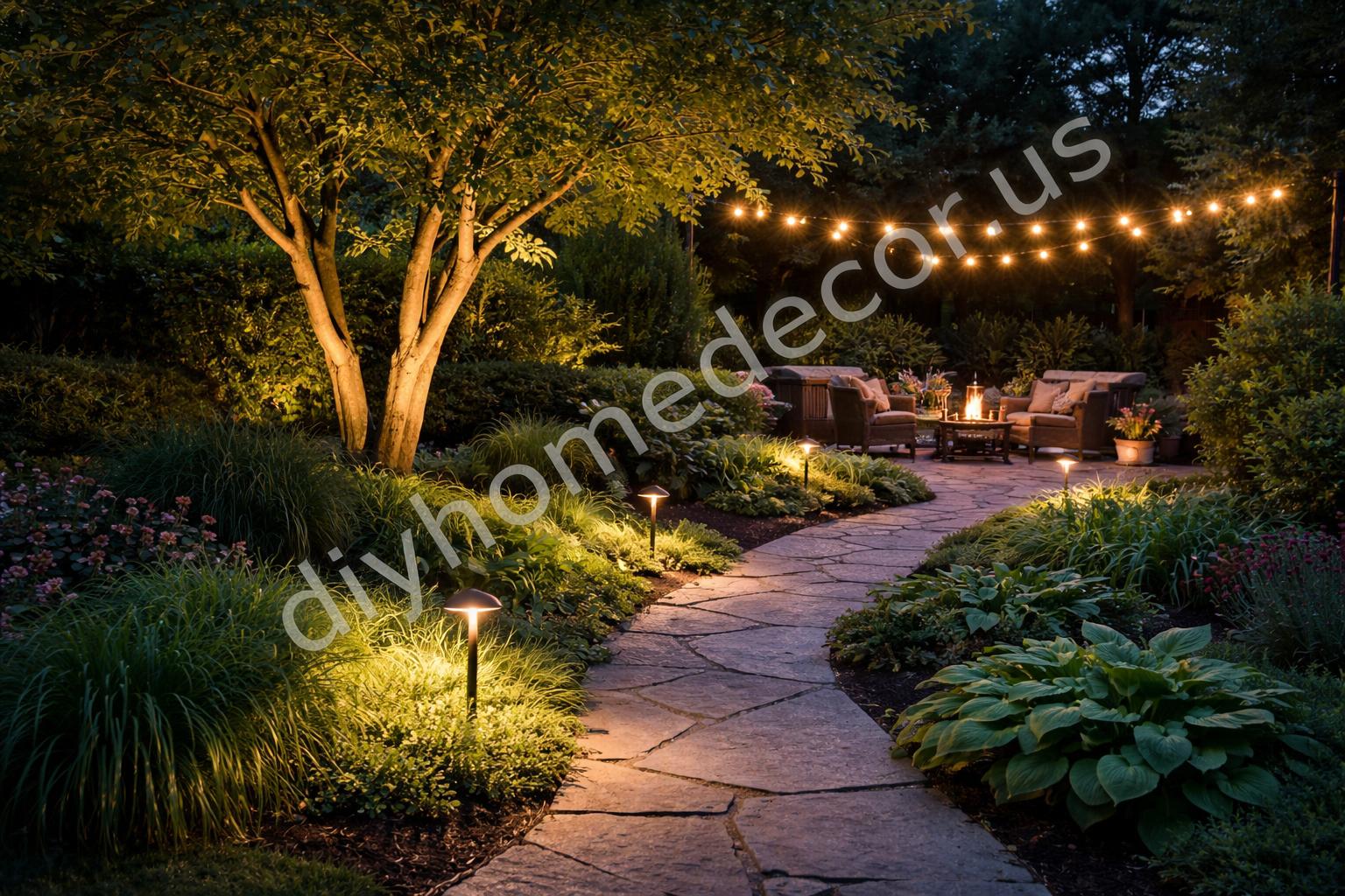 Layered garden lighting path tree string lanterns