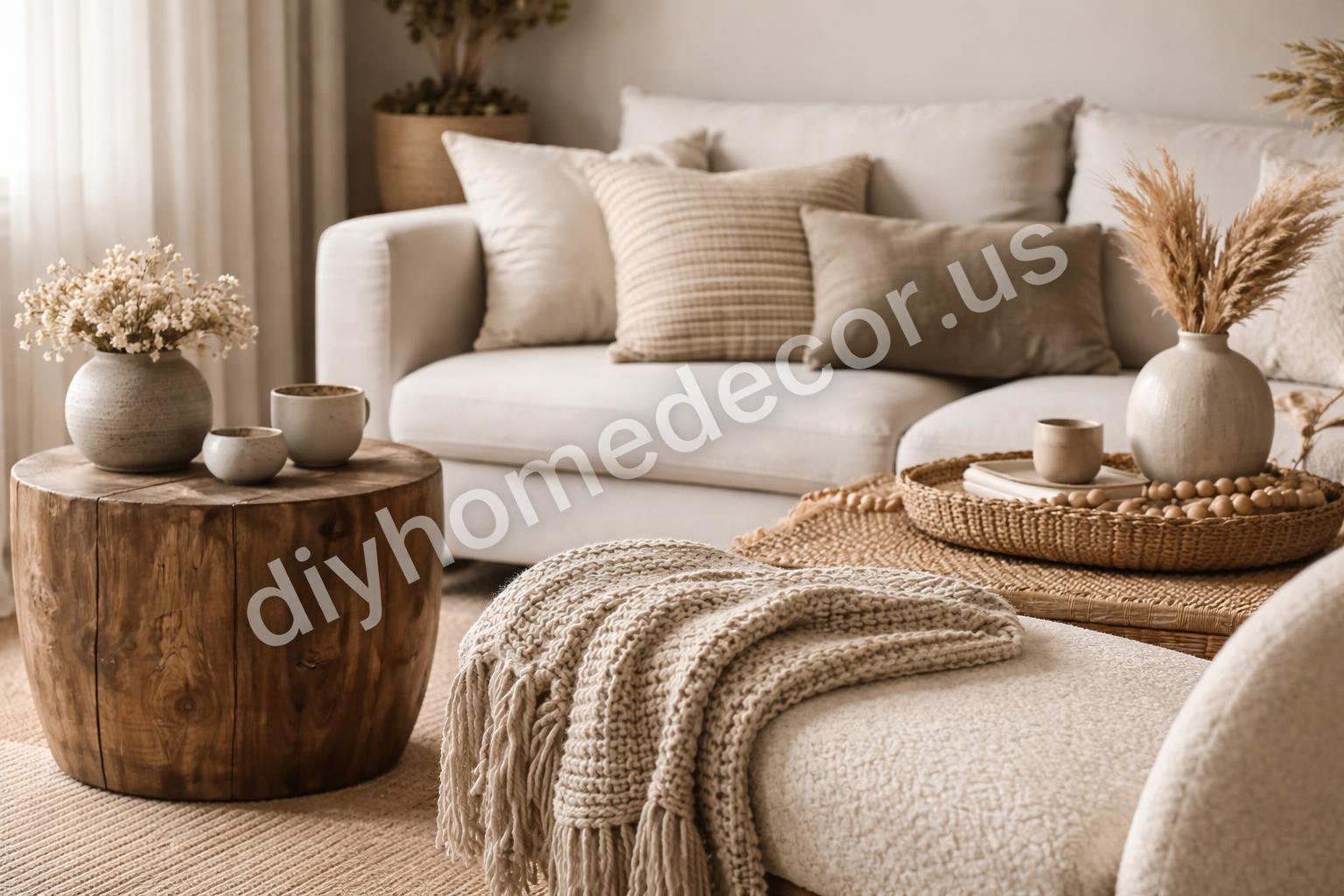 Layered living room textures with boucle and linen