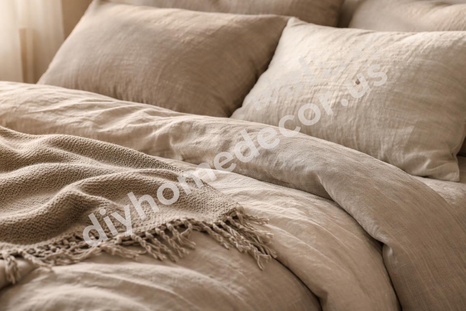 Layered neutral bedding with linen textures