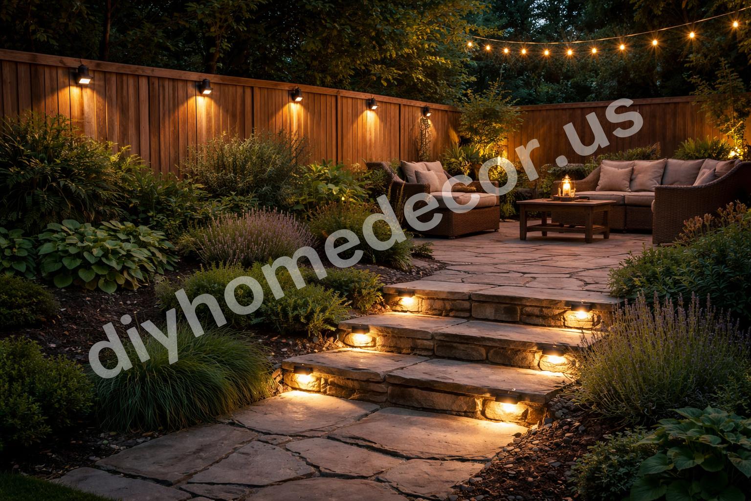 Layered solar lights along patio fence and steps