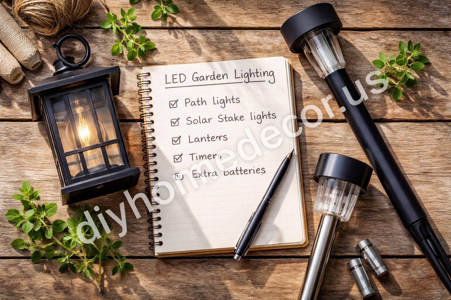Led garden lighting checklist with lanterns and path lights